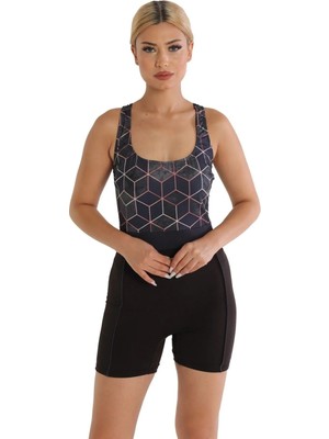 Desenli Şortlu Modelli Yüzücü Mayo 6526 Siyah Büyük Beden