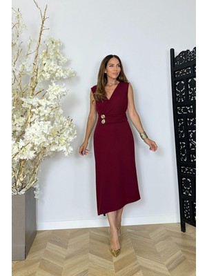 G1425 Kruvaze Yaka Düğme Detaylı Elbise Bordo