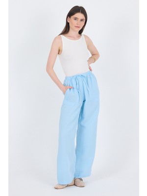 Bebe Mavi Keten Görünümlü %100 Pamuk Cepli Bol Paça Pantolon 8054A