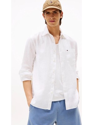 Erkek Th Piece Dye Linen Regular Fit Gömlek - Beyaz