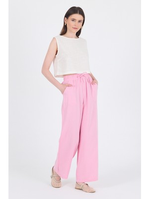 Pembe  %100 Pamuk Müslin Palazzo/bol Paça Pantolon 8056A