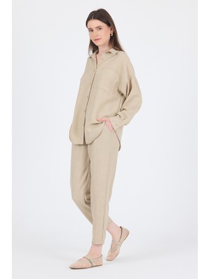 Bej Gömlek ve Beli Lastikli Pantolon Ikili Takım 4813A