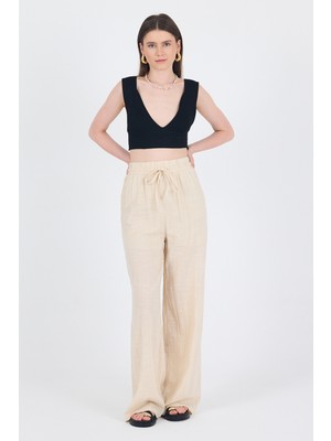 Natural Keten Görünümlü %100 Pamuk Bol Paça Pantolon 3040