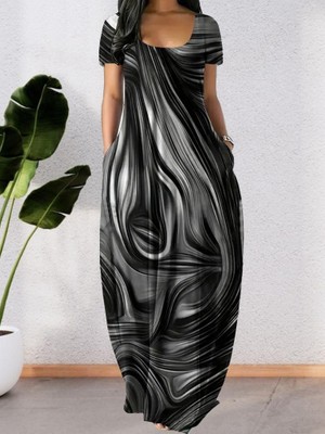 Kadın Kısa Kollu Yuvarlak Yaka Cepli Salaş Baskılı Süprem Elbise