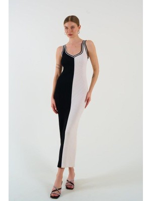 Iki Renki Kolsuz Elbise - Siyah-Krem