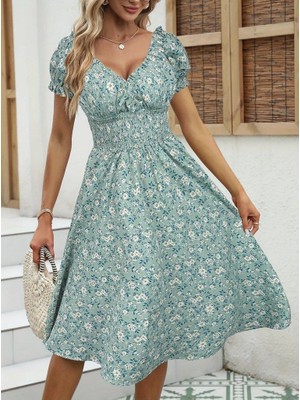 Kadın Kısa Kollu Kruvaze Yaka Lastikli Belden Gipeli Çiçek Desenli Suprem Elbise