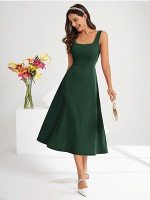 Kadın Askılı Kare Yakalı Midi Ithal Krep Elbise