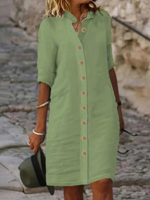 Kadın Kısa Kollu Hakim Yaka Önden Düğmeli Kısa Müslim Elbise