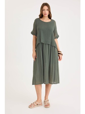 Kısa Kol Fileli Keten Elbise