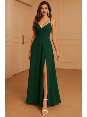 Mareandpanda Kadın Ip Askılı Kruvaze Yakalı Derin Dekolteli Yırtmaçlı Ithal Krep Elbise