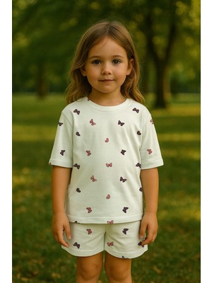 Kız Çocuk %100 Pamuk Kelebek Desenli Şortlu Takım (3-4 Yaş 8-9 Yaş)