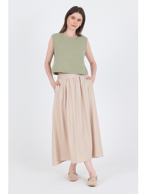 Taş Keten Görünümlü Cep Detaylı Midi Etek 2344