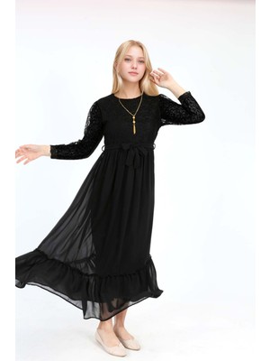 Kız Çocuk Siyah Güpür Desenli Pamuk Astarlı Tesettüre Uygun Uzun ELBISE-ABY-2016