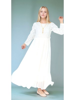 Kız Çocuk Güpür Desenli Pamuk Astarlı Tesettüre Uygun Uzun Beyaz ELBISE-ABY-2016