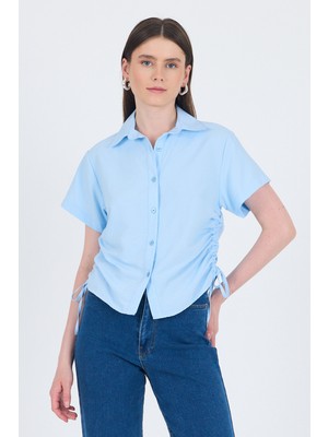 Mavi Yanları Büzgülü Bağcıklı Kısa Kollu Gömlek 4368A