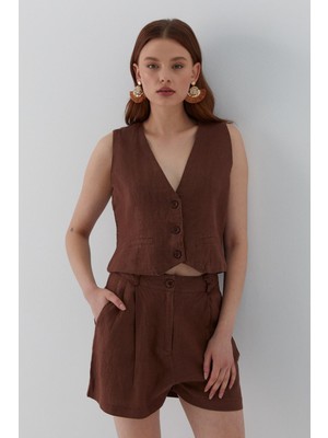 MARKALİSTE Cepkenli Şortlu Keten Takım Kahverengi