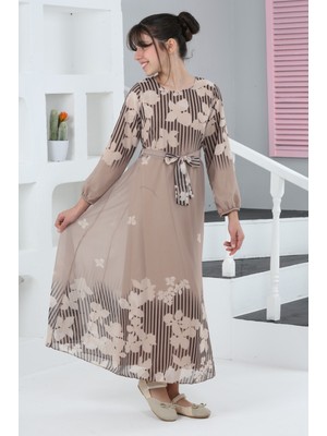 Kız Çocuk Astarlı Tam Boy Çiçek Desenli Iç Göstermeyen Şık ve Rahat Uzun Tesettür ELBISE-ELB-2040