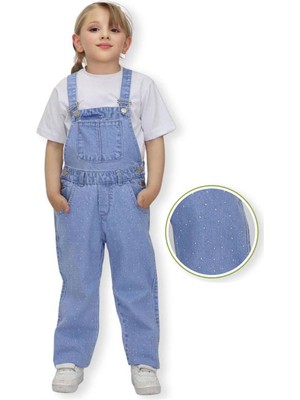 Kız Çocuk Taş Detaylı Kot Salopet