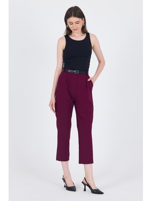 Bordo Yüksek Bel Kemerli Havuç Kesim Pantolon 6418A