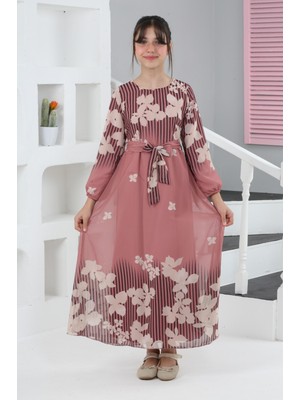 Kız Çocuk Astarlı Tam Boy Çiçek Desenli Iç Göstermeyen Şık ve Rahat Uzun Tesettür ELBISE-ELB-2040