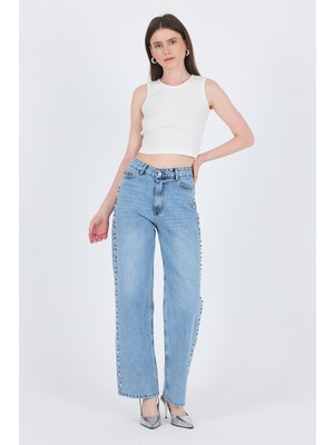 Buzkar Yanları Inci Işlemeli Yüksek Bel Straight Jean Pantolon 3312