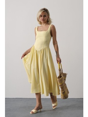 Gökyüzü Moda Askılı Uzun Elbise - Sarı