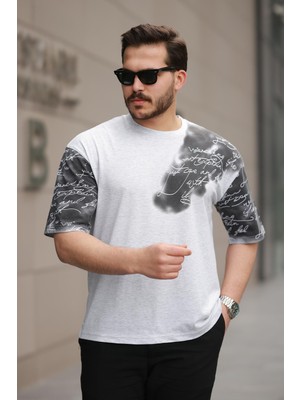 Miron Gri Kol Baskı Detaylı Sıfır Yaka Oversize Kısa Kollu Tişört -2506