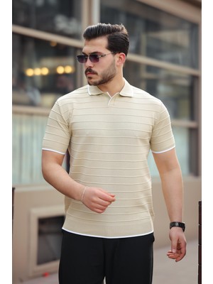 Miron Bej Kabartma Çizgi Polo Yaka Triko Tişört- 2403