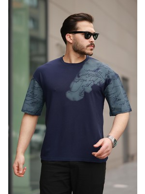 Miron Lacivert Kol Baskı Detaylı Sıfır Yaka Oversize Kısa Kollu Tişört -2506