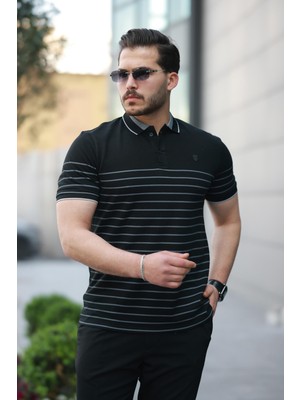 Miron Siyah Çizgili Polo Yaka Kısa Kollu TIŞÖRT-2515