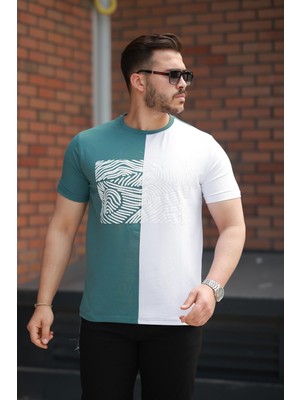 Miron Yeşil Beyaz Çizgi Baskılı Regular Fit Sıfır Yaka Kısa Kollu TIŞÖRT-2522