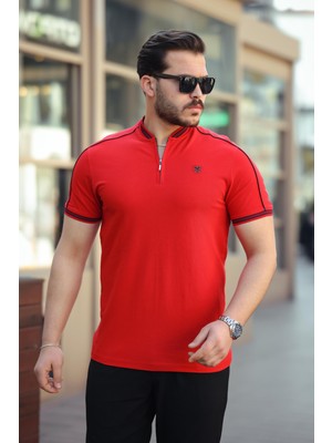 Miron Kırmızı Kolej Yaka Yarım Fermuarlı Kısa Kollu Tişört- 2408