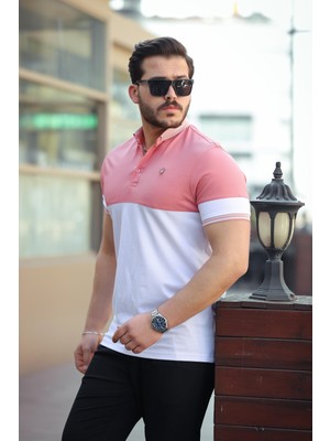 Miron Pembe Beyaz Kagi Ston Parçalı Polo Yaka Kısa Kollu Tişört- 2402
