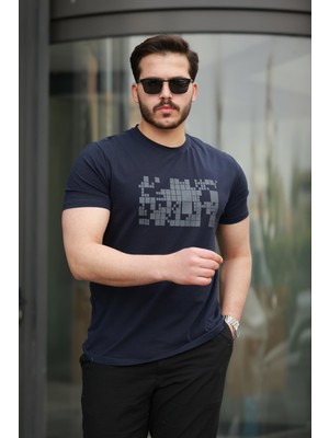 Miron Lacivert Baskılı Sıfır Yaka Regular Fit Kısa Kollu Tişört -2509