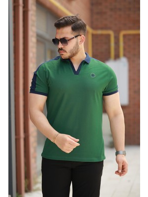 Miron Haki Nakışlı V Polo Yaka Kısa Kollu TIŞÖRT-2524