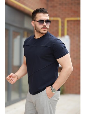 Miron Lacivert Parçalı Dikiş Detaylı Regular Fit Kısa Kollu Tişört -2523