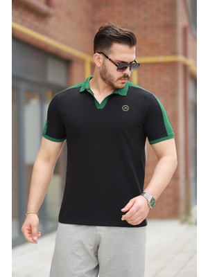 Miron Siyah Nakışlı V Polo Yaka Kısa Kollu TIŞÖRT-2524