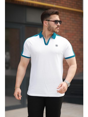 Miron Beyaz Nakışlı V Polo Yaka Kısa Kollu TIŞÖRT-2524