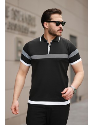 Miron Siyah Çizgili ve Fermuar Detalı Polo Yaka Triko Kısa Kollu Tişört 2512