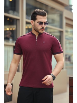 Miron Bordo Kolej Yaka Yarım Fermuarlı Kısa Kollu Tişört- 2408