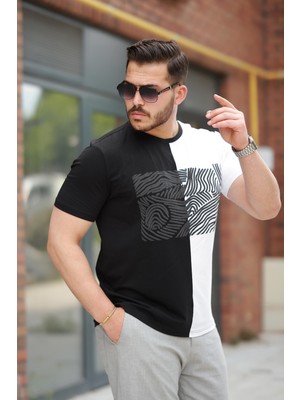 Miron Siyah Beyaz Çizgi Baskılı Regular Fit Sıfır Yaka Kısa Kollu TIŞÖRT-2522