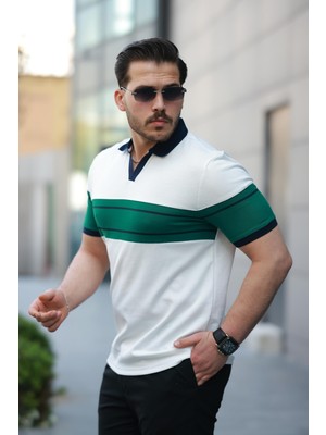 Miron Beyaz Nefti Iki Renk Polo Yaka Kısa Kollu TIŞÖRT-2514