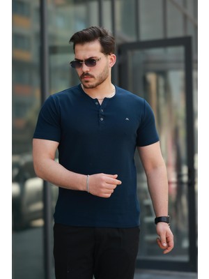 Miron Lacivert Önü Düğmeli Sıfır Yaka Kısa Kollu Regular Fit Tişört- 2510
