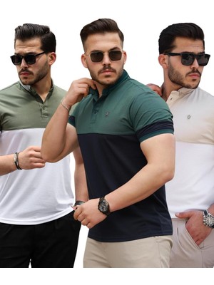 Miron Nefti Bej Haki Ston Parçalı Üçlü Paket  Polo Yaka Kısa Kollu Tişört- 2521