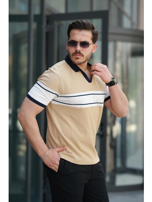 Miron Kamel Beyaz Iki Renk Polo Yaka Kısa Kollu TIŞÖRT-2514