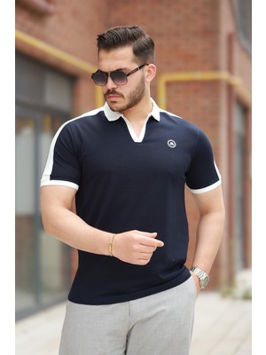 Miron Lacivert Nakışlı V Polo Yaka Kısa Kollu TIŞÖRT-2524