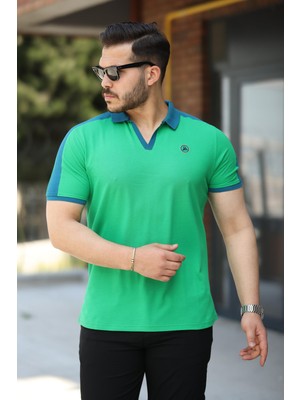 Miron Yeşil Nakışlı V Polo Yaka Kısa Kollu TIŞÖRT-2524