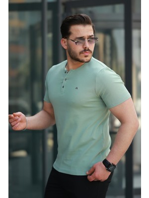 Miron Su Yeşili Önü Düğmeli Sıfır Yaka Kısa Kollu Regular Fit Tişört- 2510