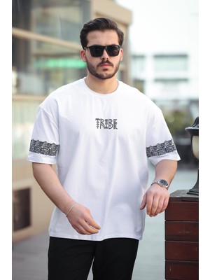 Miron Beyaz Tribe Baskı Detaylı Sıfır Yaka Kısa Kollu Oversize Tişört- 2503