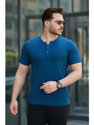 Miron Petrol Önü Düğmeli Sıfır Yaka Kısa Kollu Regular Fit Tişört- 2510